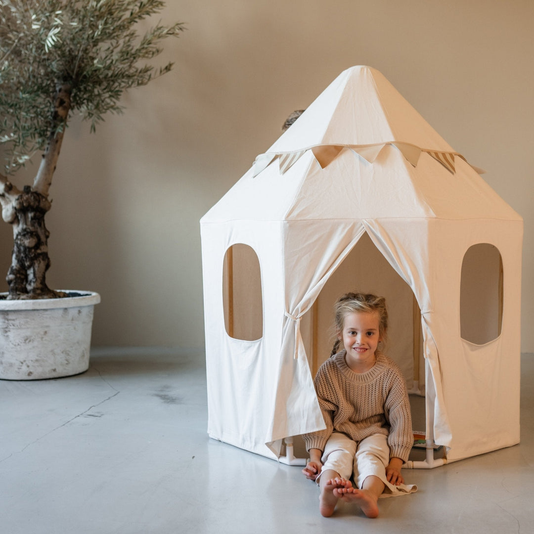 HENVAE® Paviljoen Katoenen Speeltent – stijlvolle beige kindertent van 100% katoen en massief grenen hout