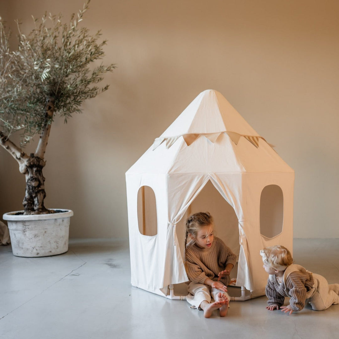 HENVAE® Paviljoen Katoenen Speeltent – stijlvolle beige kindertent van 100% katoen en massief grenen hout