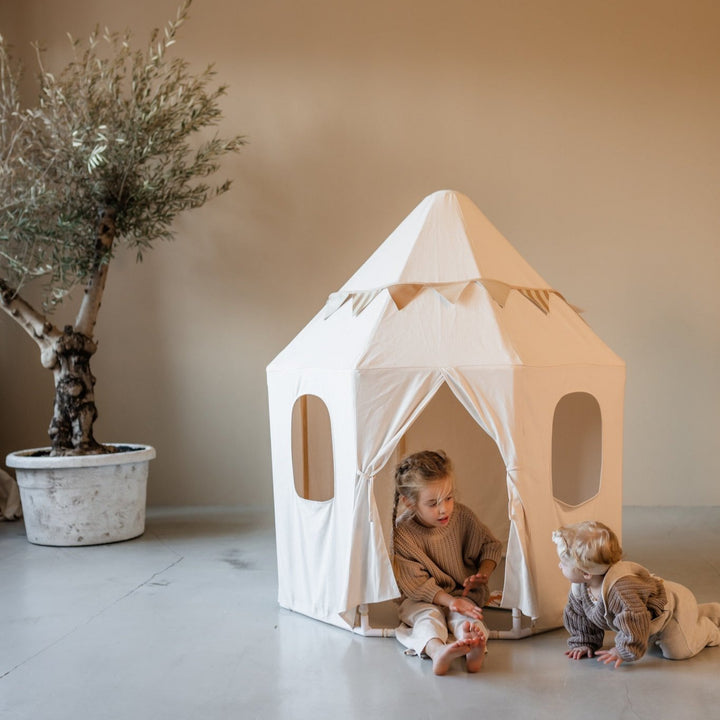 HENVAE® Paviljoen Katoenen Speeltent – stijlvolle beige kindertent van 100% katoen en massief grenen hout