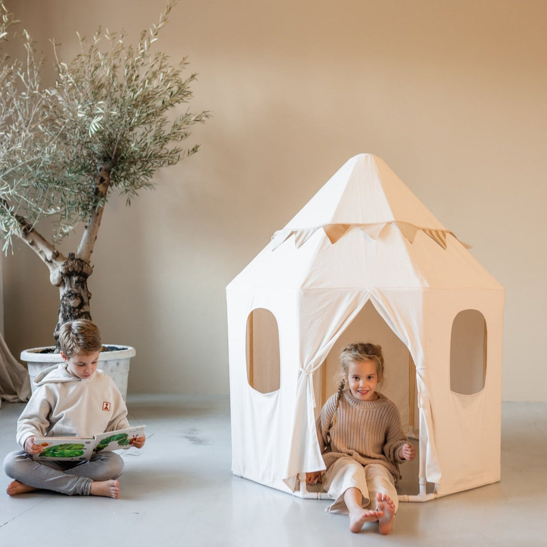 HENVAE® Paviljoen Katoenen Speeltent – stijlvolle beige kindertent van 100% katoen en massief grenen hout