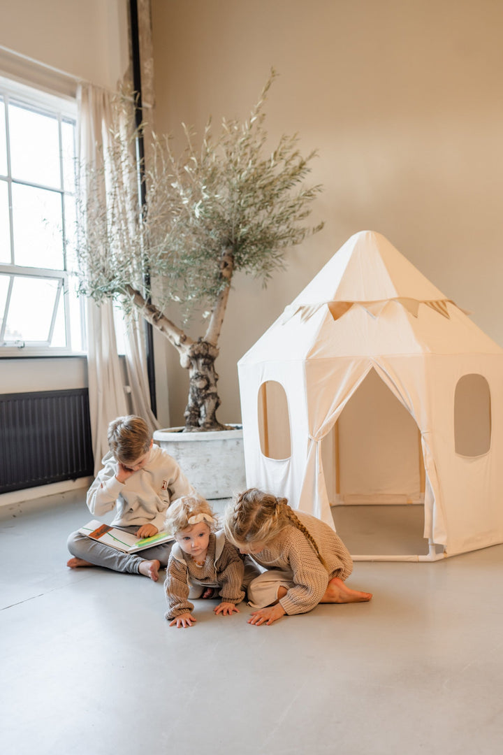 HENVAE® Paviljoen Katoenen Speeltent – stijlvolle beige kindertent van 100% katoen en massief grenen hout