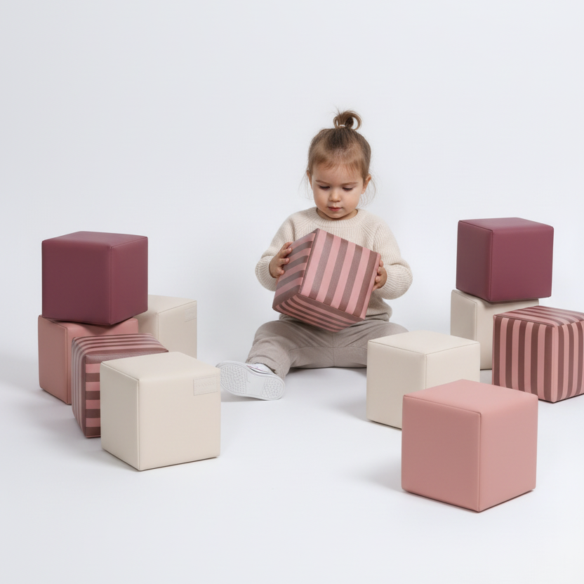 Kind speelt met gestreepte HENVAE stapelblokken in roze, beige, merlot en Merlot Rose.
