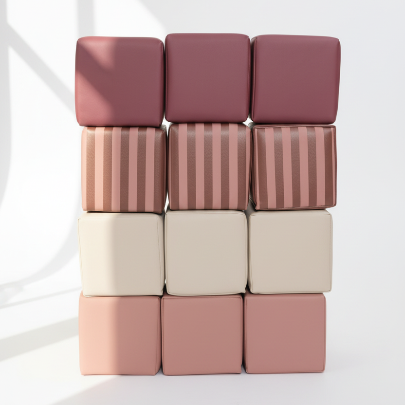 Kind speelt met gestreepte HENVAE stapelblokken in roze, beige, merlot en Merlot Rose.