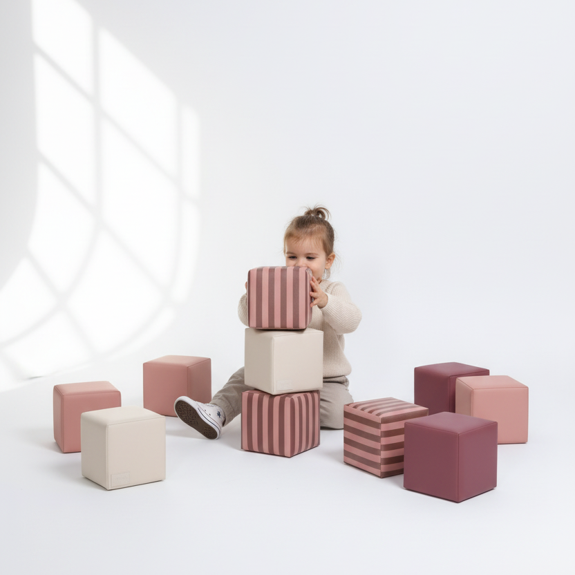 Kind speelt met gestreepte HENVAE stapelblokken in roze, beige, merlot en Merlot Rose.