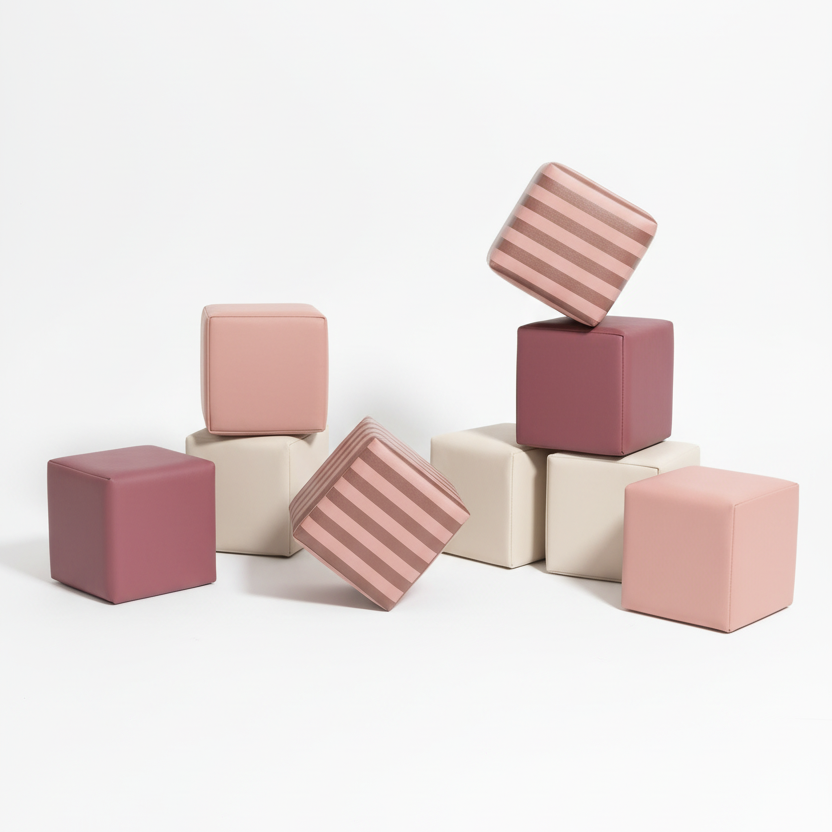 Kind speelt met gestreepte HENVAE stapelblokken in roze, beige, merlot en Merlot Rose.