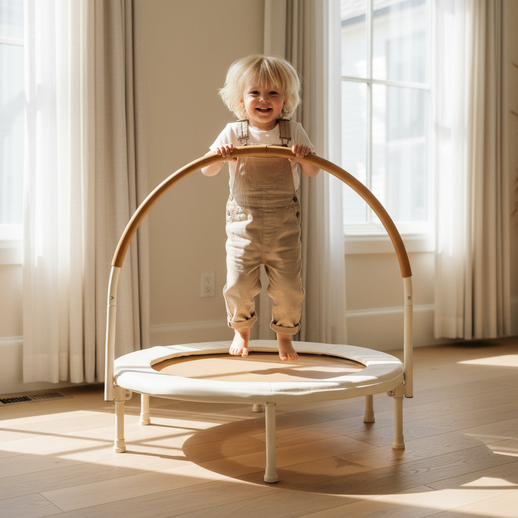 Beige indoor trampoline van HENVAE met veiligheidsbeugel