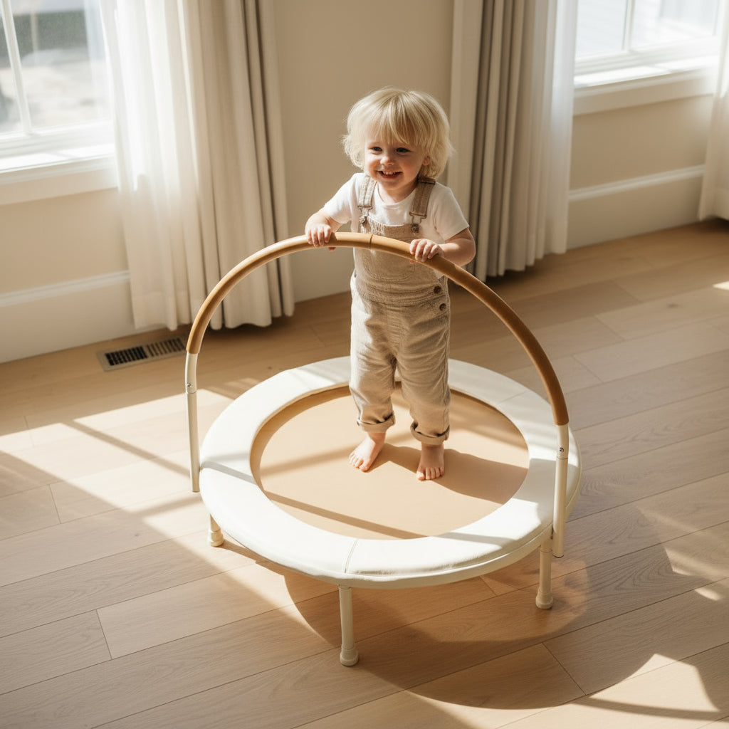 Kind houdt de veiligheidsbeugel vast tijdens het trampolinespringen