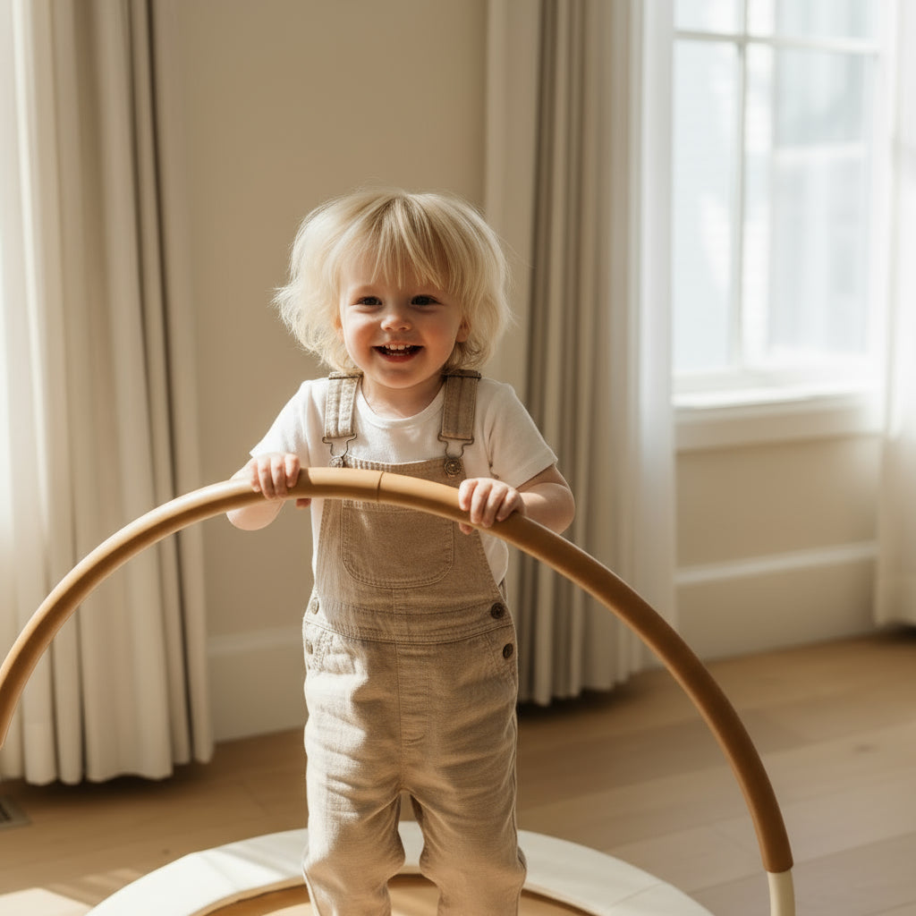 HENVAE indoor kindertrampoline in beige voor baby’s en jonge kinderen om veilig te bewegen en spelen in huis