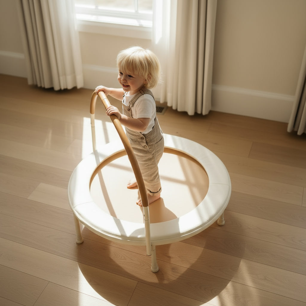 Zijaanzicht van de beige indoor trampoline voor kinderen