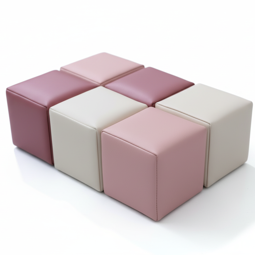 Set van 6 mini HENVAE stapelblokken in beige, roze en merlot voor baby’s en peuters om veilig te bouwen en stapelen.
