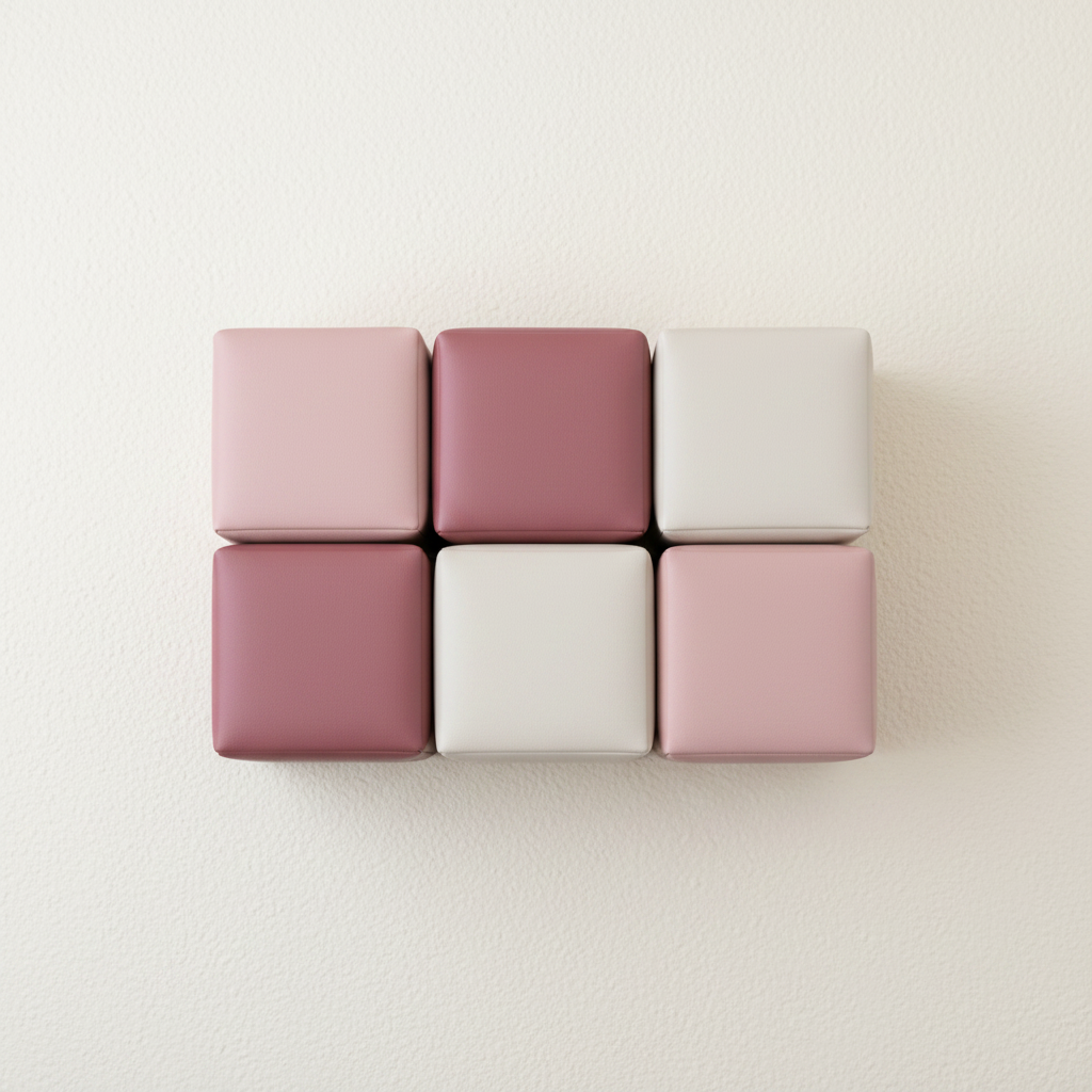 Set van 6 mini HENVAE stapelblokken in beige, roze en merlot voor baby’s en peuters om veilig te bouwen en stapelen.
