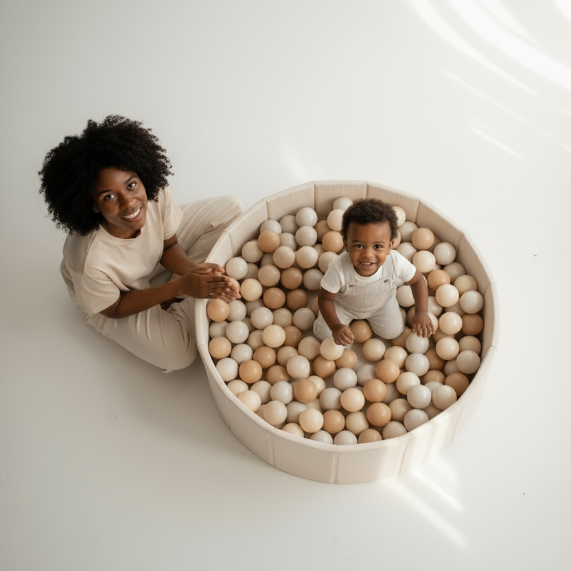 Bovenaanzicht van een kind in een beige ballenbak met crème en zandkleurige ballen